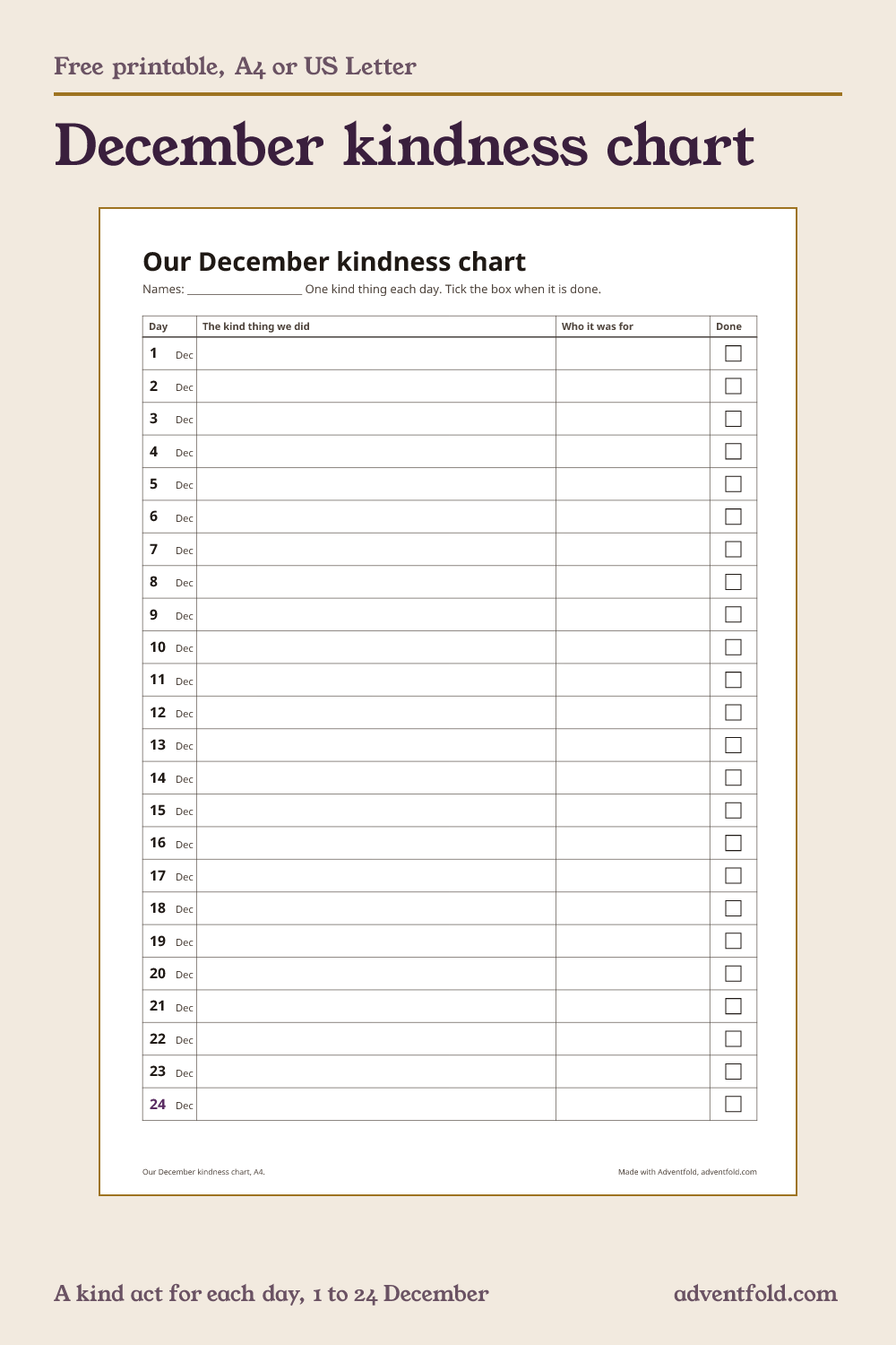 Preview of the december kindness chart printable