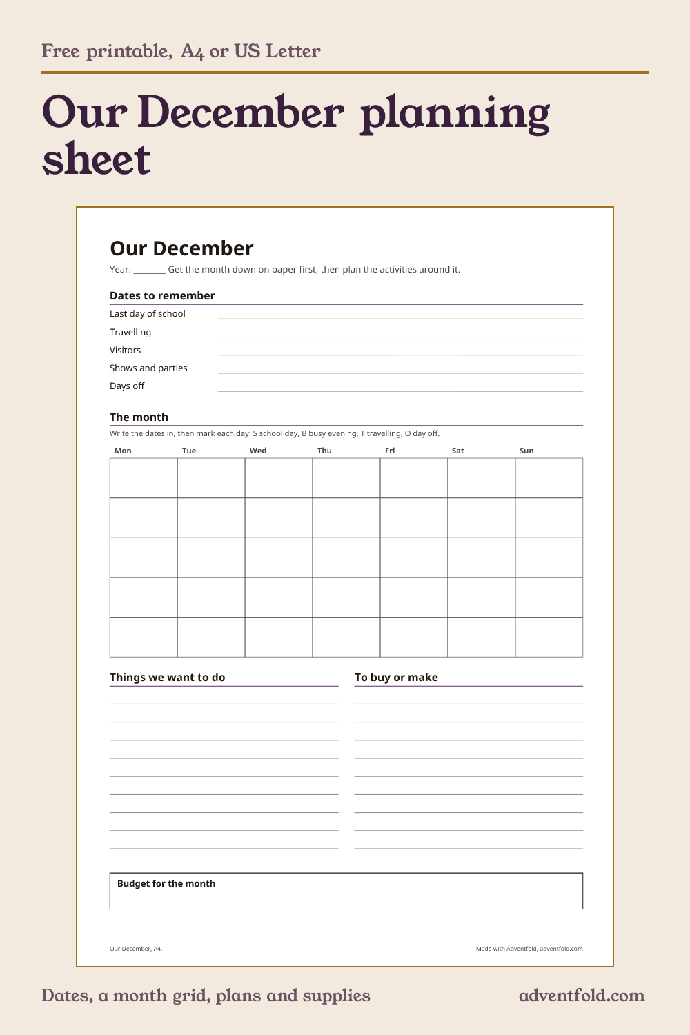 Preview of the our december planning sheet printable